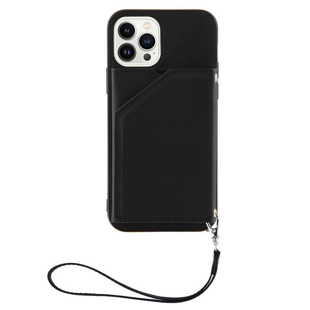 YB Leather Coating Series-2 for iPhone 15 Pro Max Card Holder Phone Case Kickstand Leather Coated TPU Cover with Strap - Black YB Leather Coating Series-2 for iPhone 15 Pro Max Card Holder Phone Case Kickstand Leather Coated TPU Cover with Strap - Black